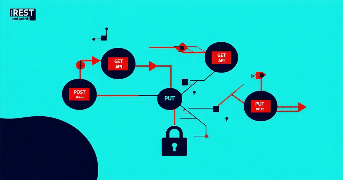Abstract diagram of API endpoints with security testing probes and vulnerability indicators