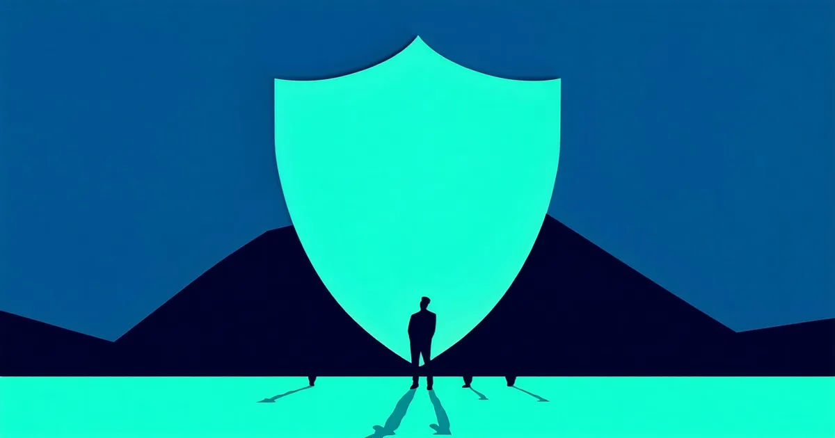 Abstract illustration of small team with large security shield