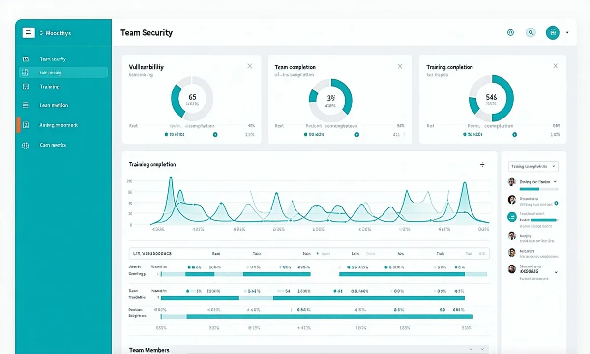SafeStack team dashboard showing security training completion percentages, vulnerability trend graph, and team member progress list